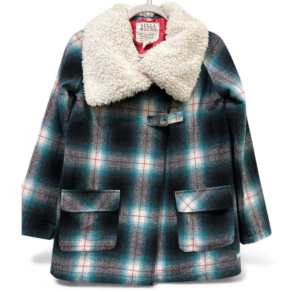Billabong Blue and Black Plaid Pea Coat with REMOVABLE Faux Shearling Collar Y2K